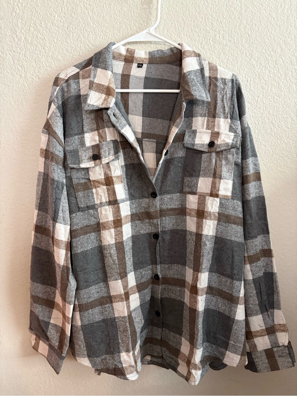 Plaid Button-Up Shacket in Gray, White & Brown